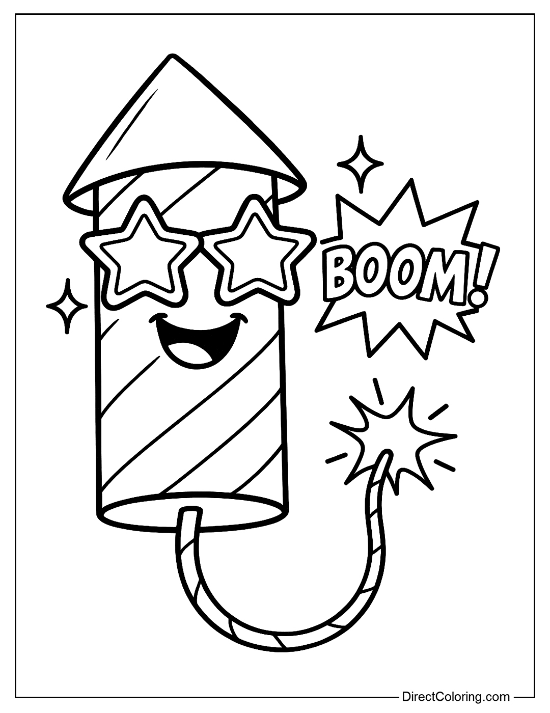 A coloring page of a firework with a cute smiley face, wearing star-shaped sunglasses, with the word 